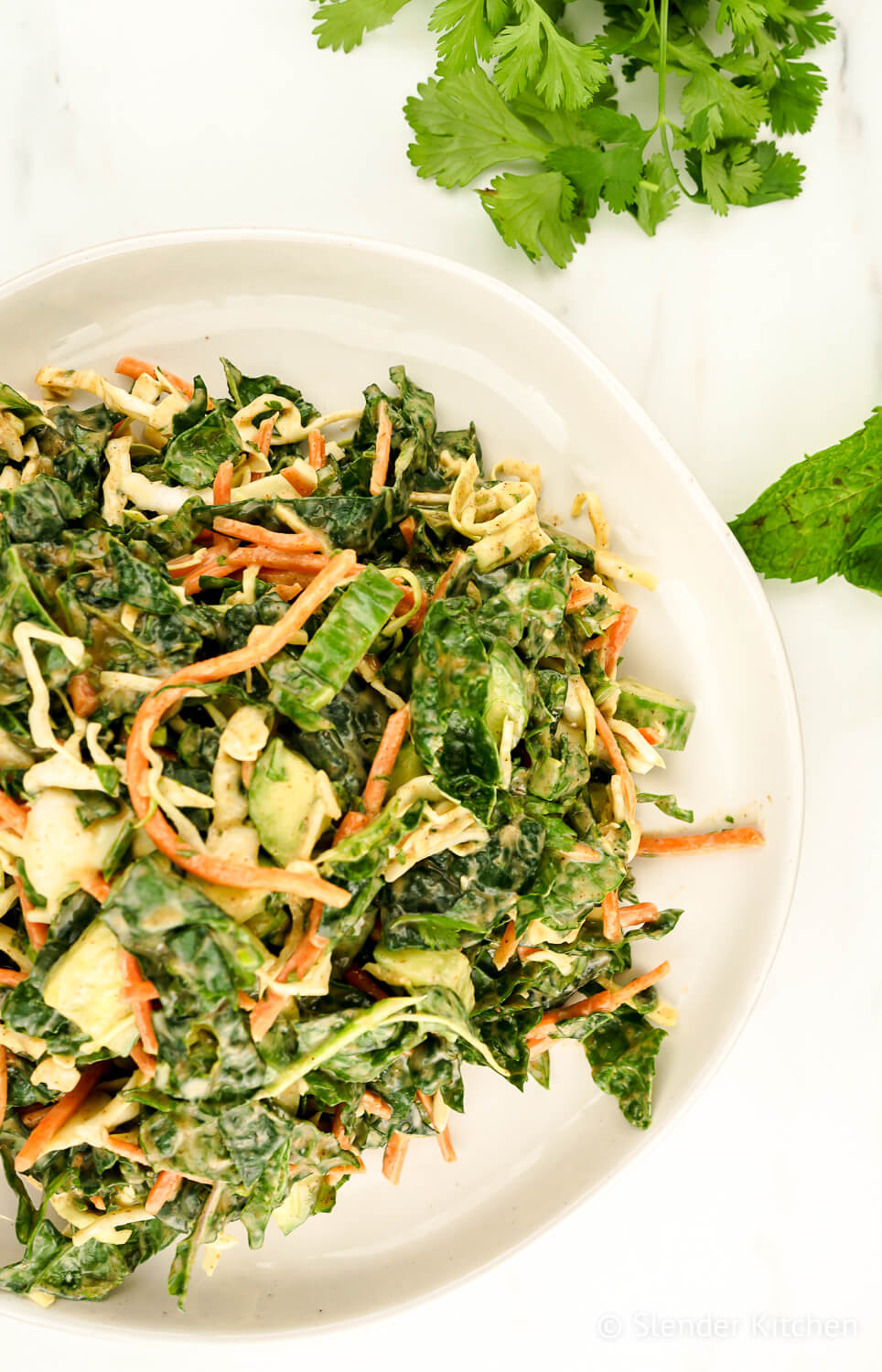 Kale Apple Slaw on a white plate with fresh herbs.