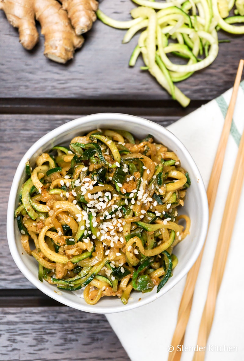Asian Sesame Zucchini Noodles with ginger and raw zucchini.