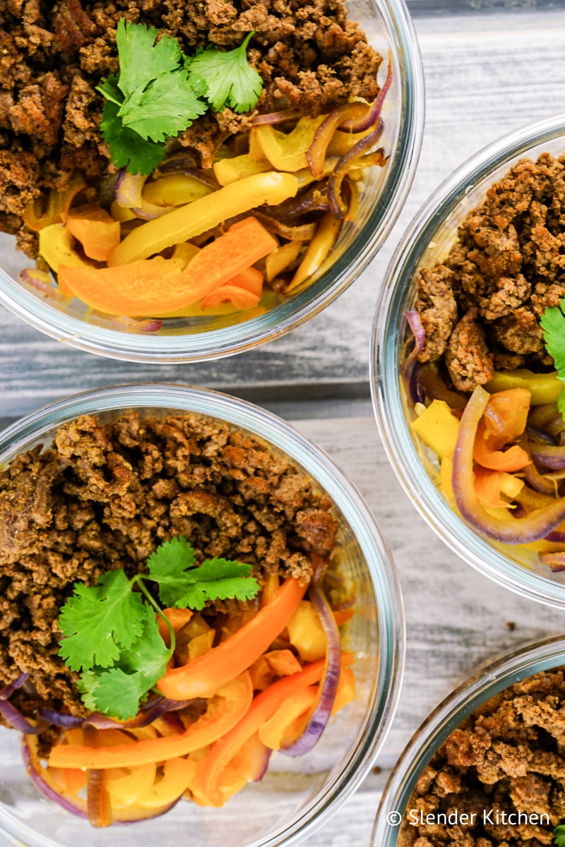 Taco Meal Prep Bowls with peppers and onions.