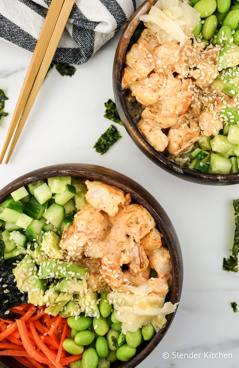 Weight Watchers Sushi Bowl with seaweed and chopsticks.
