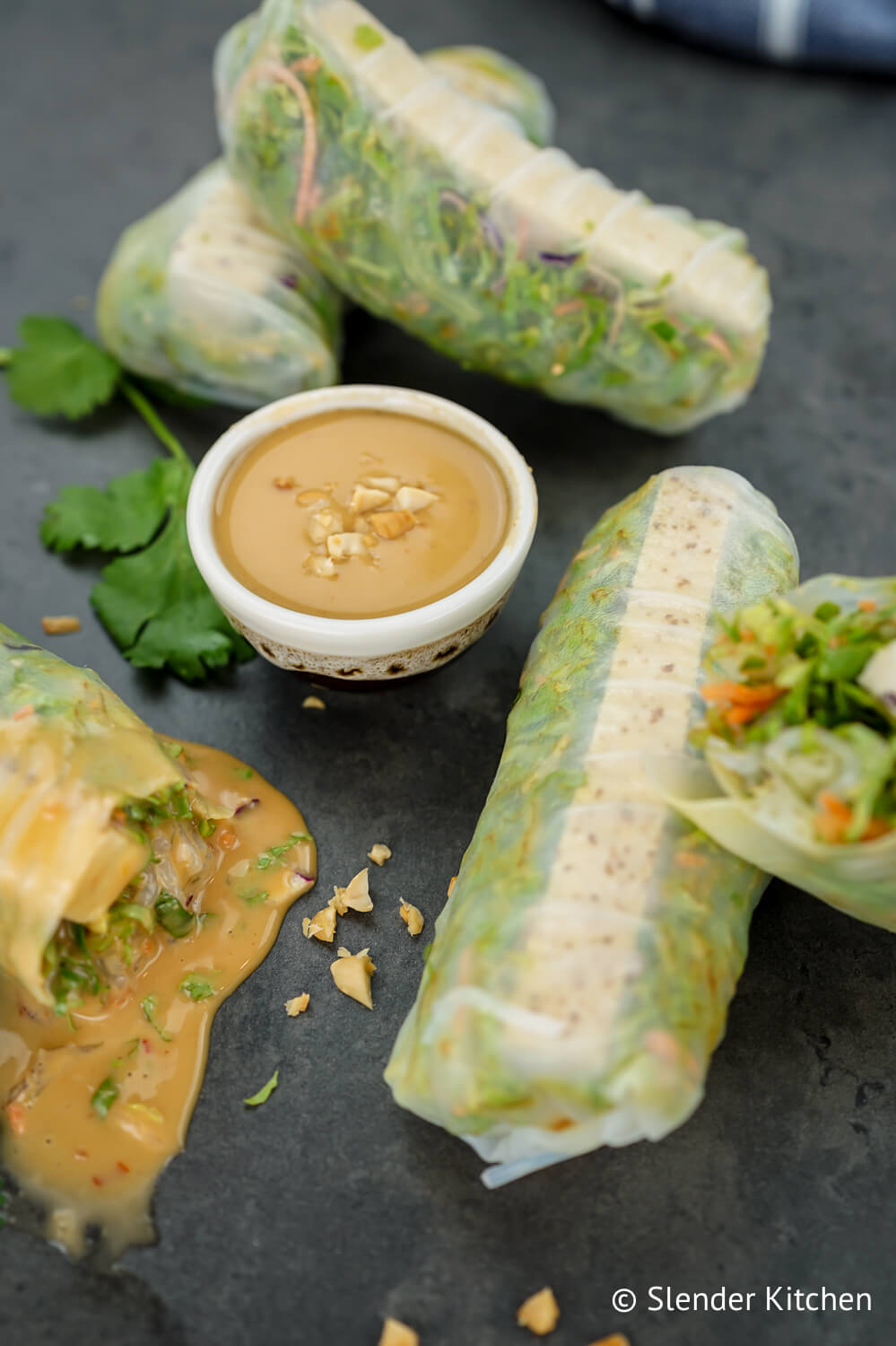 Spring rolls on a gray slate background with peanut sauce and cilantro.
