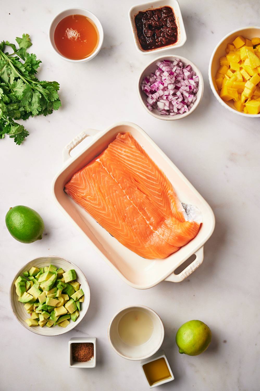 Ingredients for Honey Chipotle Salmon including raw salmon, mango, avocado, cilantro, red onions, chipotles, honey, and lime juice.