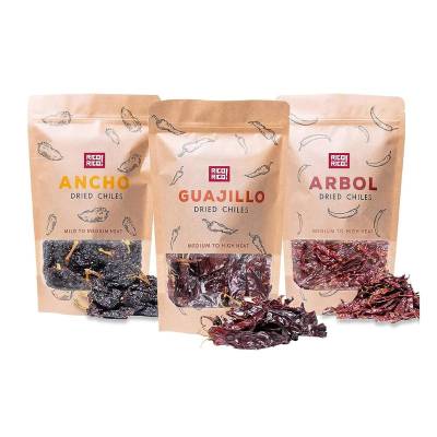 RICO RICO - Dried Chile Peppers 3 Pack Bundle (12 oz Total) - Ancho Chiles, Guajillo Chiles and Arbol Chiles - The Spicy Trio - Great For Mexican Recipes - Packaged In Resealable Bags