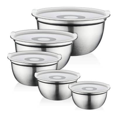  FineDine 5 Deep Nesting Mixing Bowls with Lids for Kitchen Storage , Cooking Food, Baking, Breading, Salad or Meal Prep - Silver Stainless Steel - Large