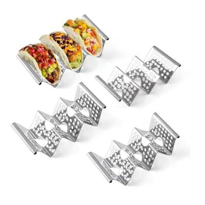 Chbuuero Taco Holders Set of 4, Taco Stand, Stainless Steel Taco Holder, Each Can Hold 3 Tortillas, with Easy-Access Handle, Fits Microwave, Air Fryer and Oven