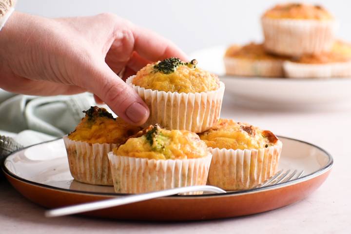 Quinoa egg muffins with broccoli and sundried tomatoes being picked up by a hand.