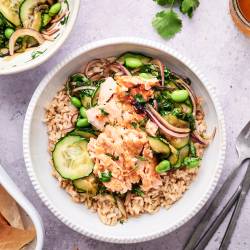 Salmon rice bowls with Asian salmon, cucumbers, edamame, red onion, herbs, and cooked brown rice.