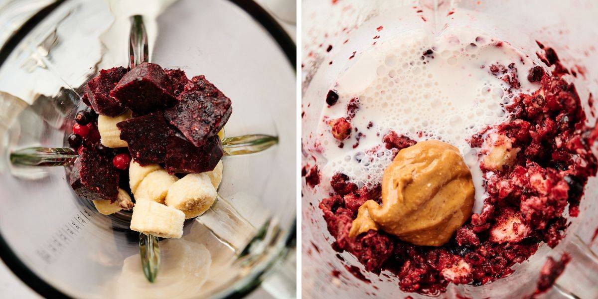 Blender filled with frozen acai, bananas, and mixed berries on the left; blended mixture with peanut butter and milk added on the right.