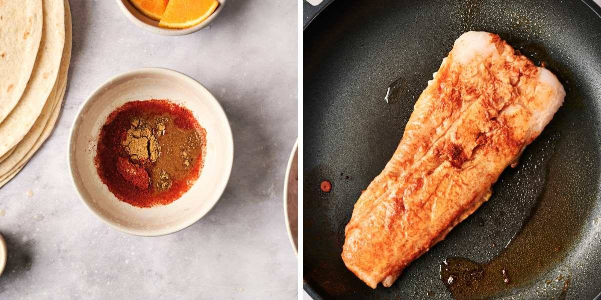 A bowl of ancho chili spice mix and a fish fillet cooking in a pan with seasoning.