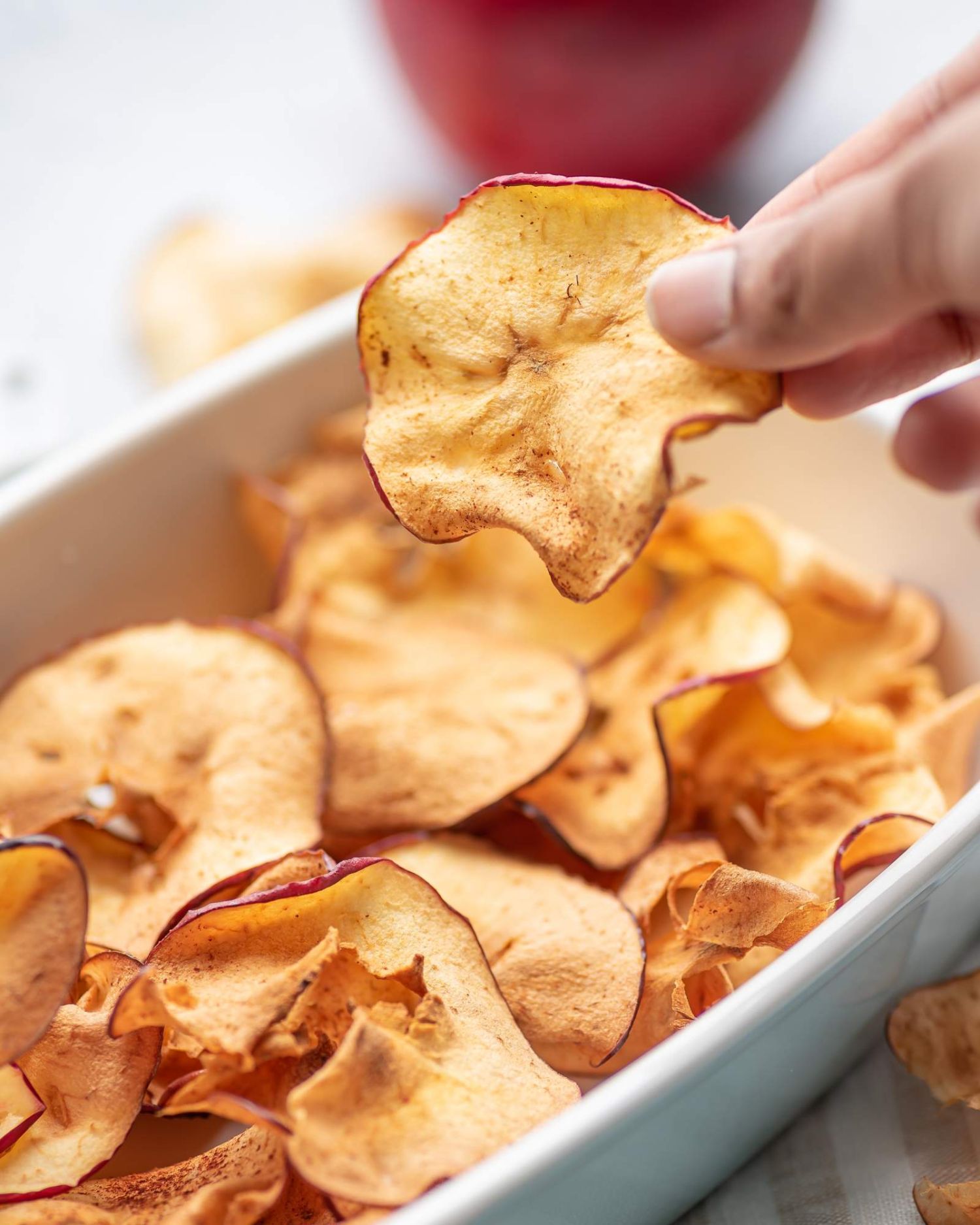 Cinnamon apple chip being held up by a hand over a dish of apple chips.