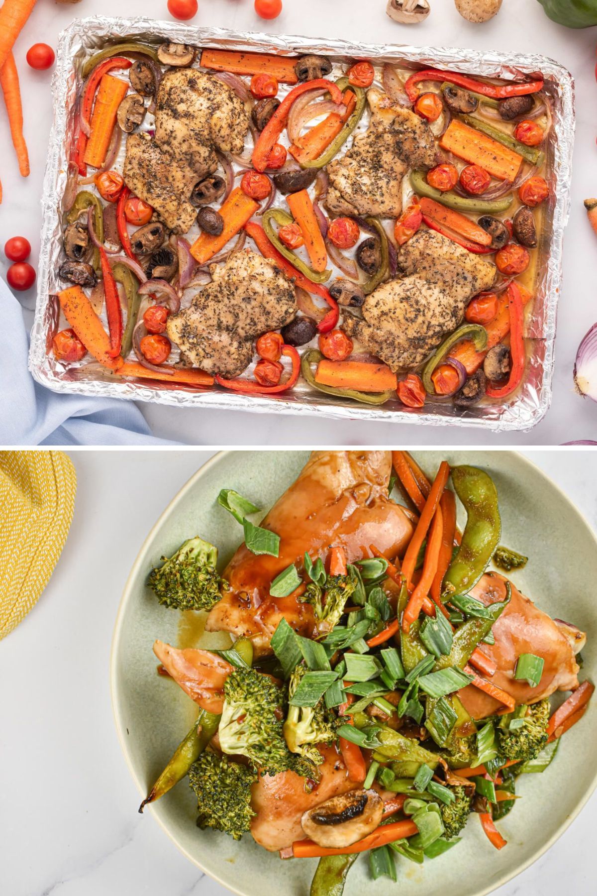 Collage of roasted balsamic chicken thighs and vegetables and teriyaki chicken with vegetables.