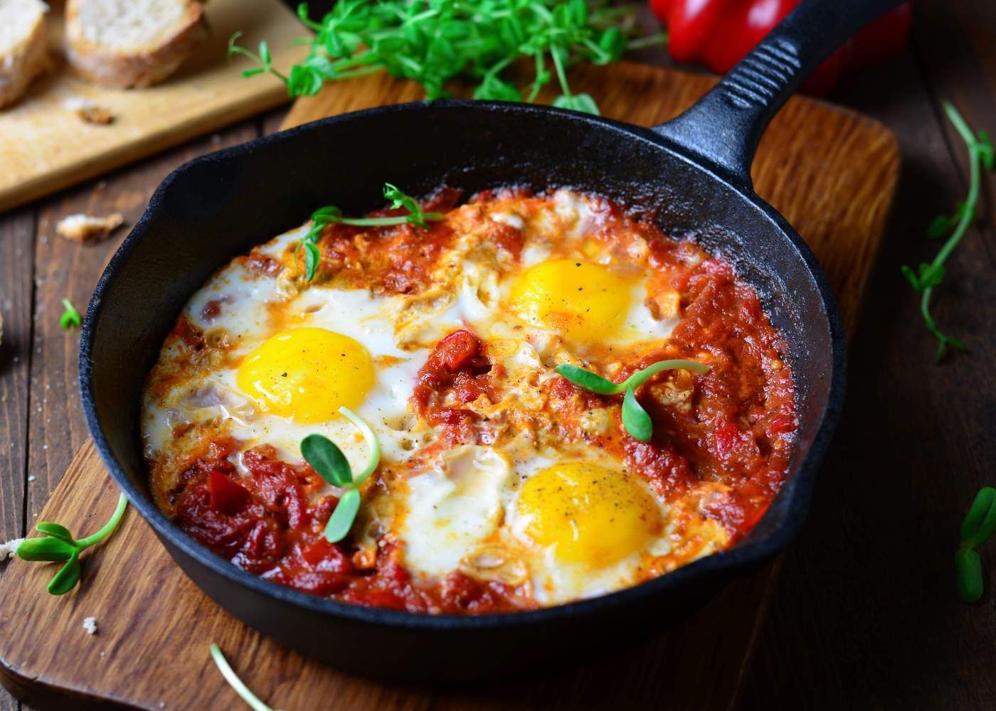 Dinner egg recipe with eggs baked in tomato sauce and covered with cheese.
