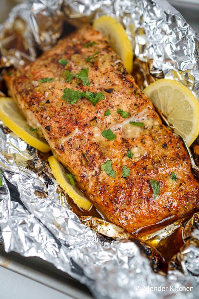 Lemon salmon baked in foil with garlic, honey, and cilantro.
