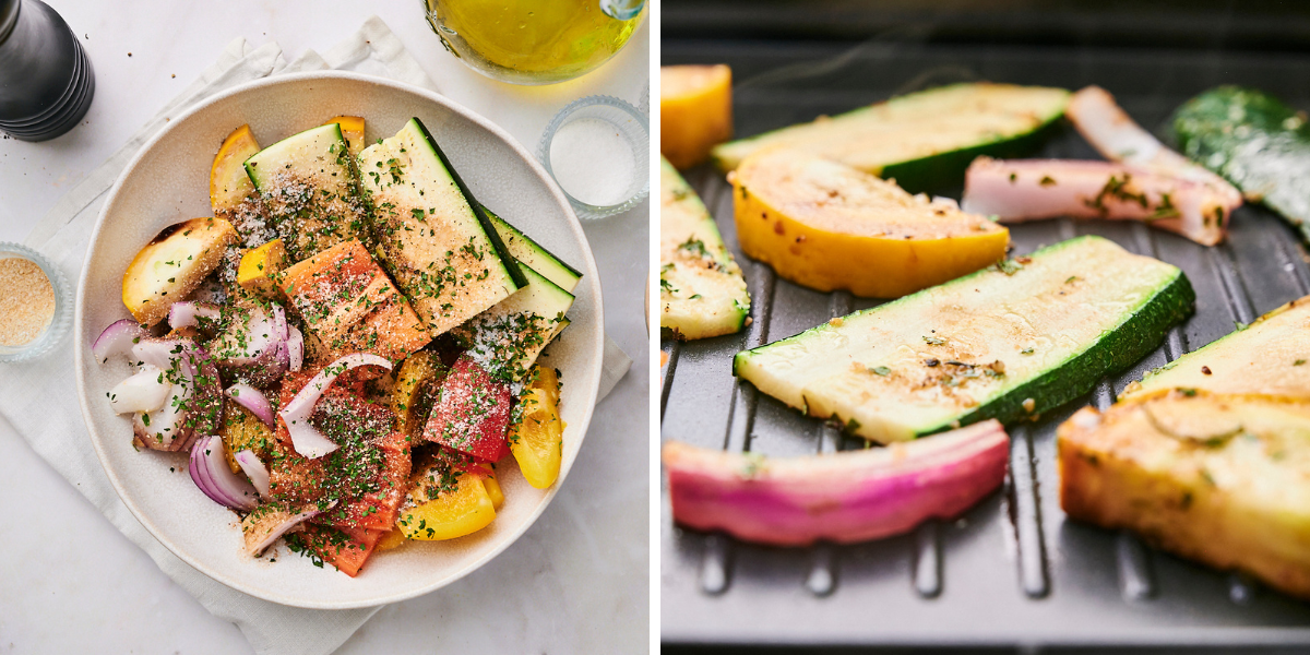 A colorful mixed vegetable salad in a bowl, sprinkled with herbs, alongside grilled veggies sizzling on a barbecue.