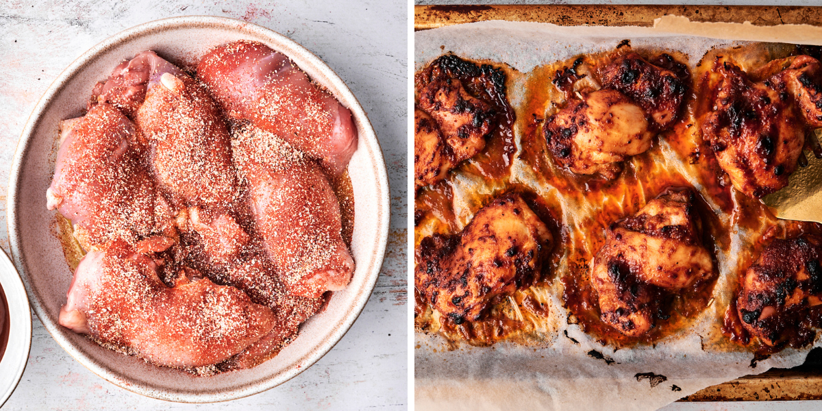 A plate of seasoned raw chicken thighs is shown alongside perfectly baked, caramelized chicken thighs on parchment paper.
