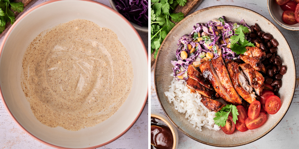 A creamy dip in a bowl beside a colorful bowl of grilled chicken, rice, black beans, tomatoes, and vibrant slaw topped with cilantro.