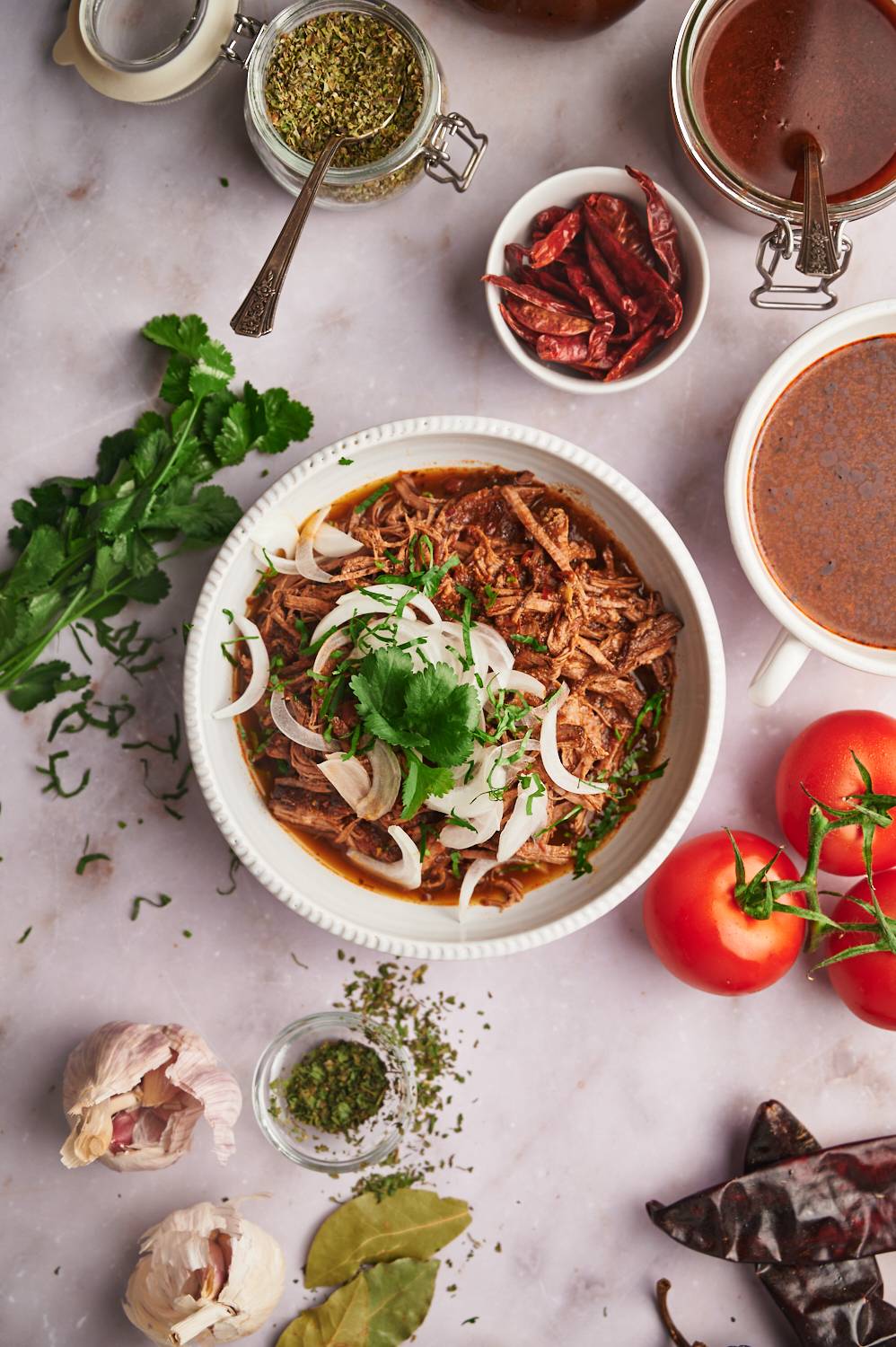 Birria de res in a bowl with shredded beef in red chile pepper sauce with onions and cilantro.
