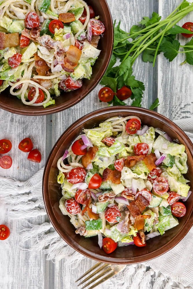 BLT Pasta salad with creamy ranch dressing, bacon, lettuce, tomatoes, and spaghetti.