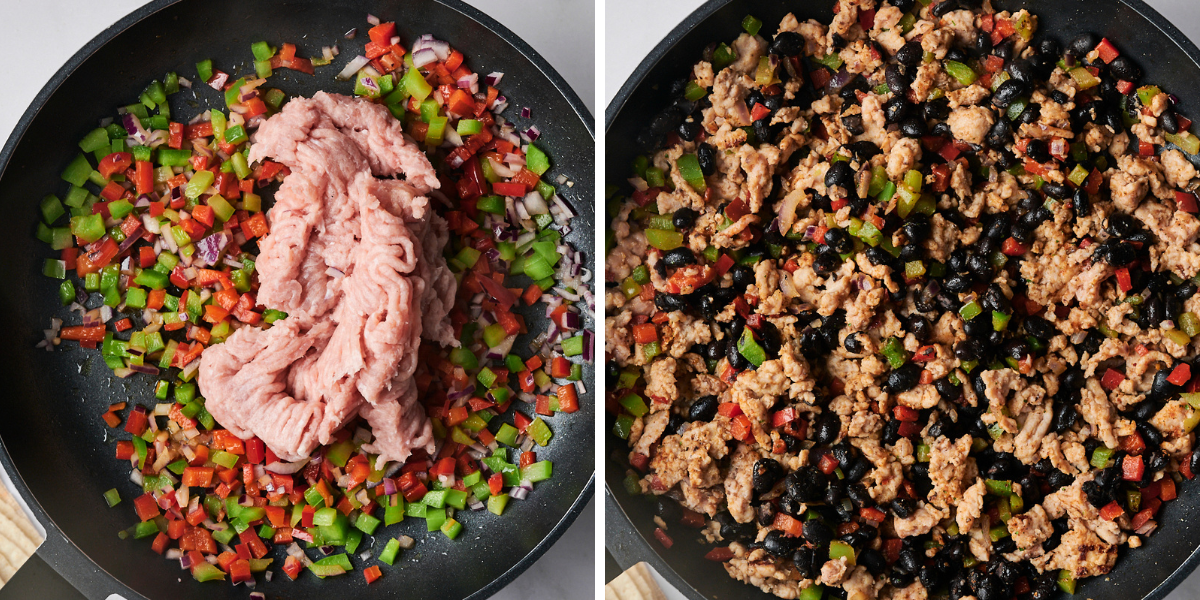 Ground turkey, peppers, onions, and black beans cooking in a skillet.