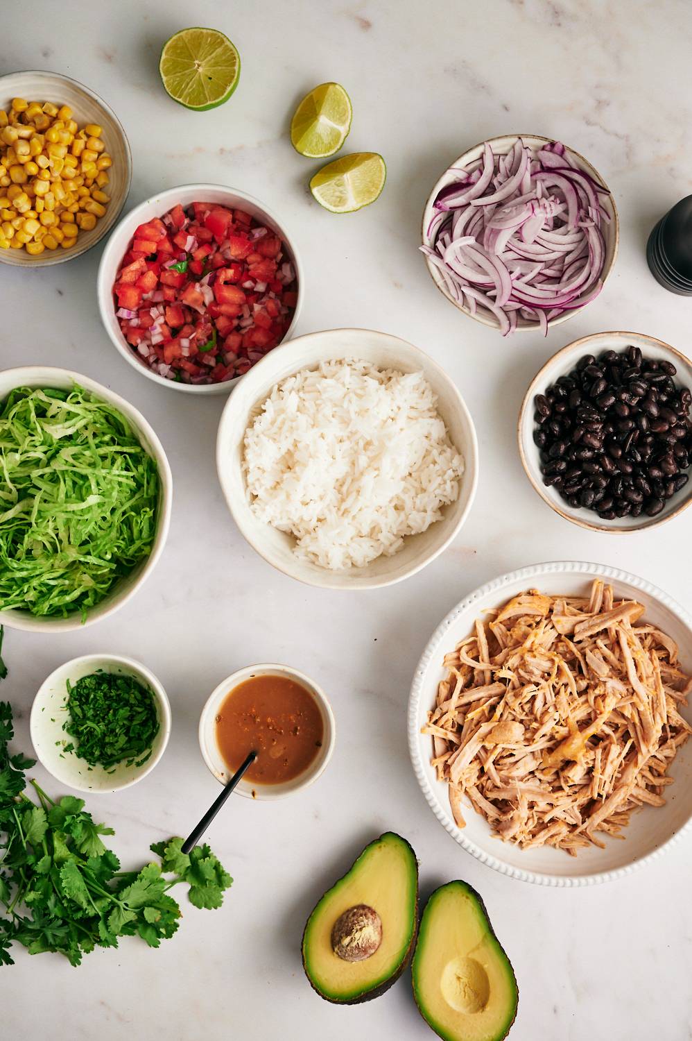 Ingredients for carnitas bowls including shredded carnitas, rice, cilantro, avocado, pico de gallo, corn, black beans, and limes.