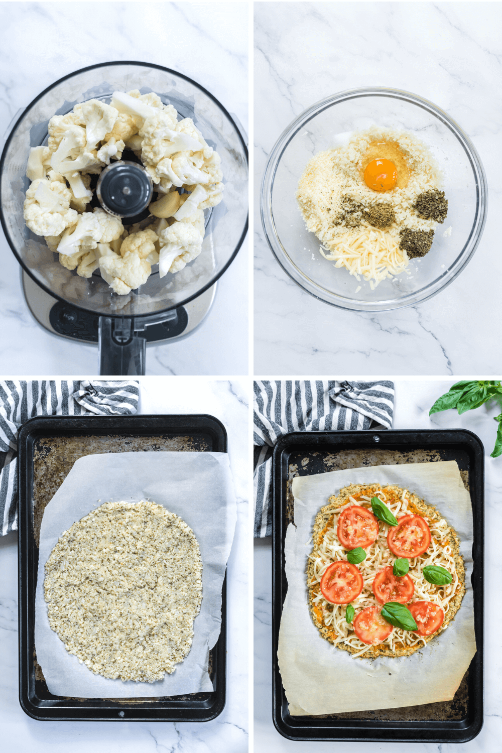 How to make cauliflower pizza crust with riced cauliflower, eggs, and cheese spread into a crust.