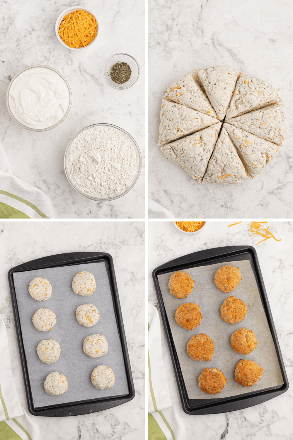 How to make cheddar biscuits including shaping the dough, forming into biscuits, and baking.
