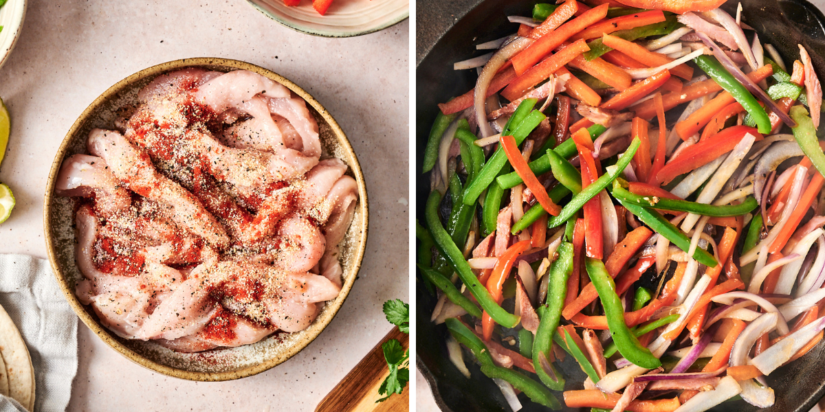 Raw, seasoned chicken strips with paprika and pepper, alongside sautéed bell peppers, and onions in a skillet, preparing for chicken alambre tacos.