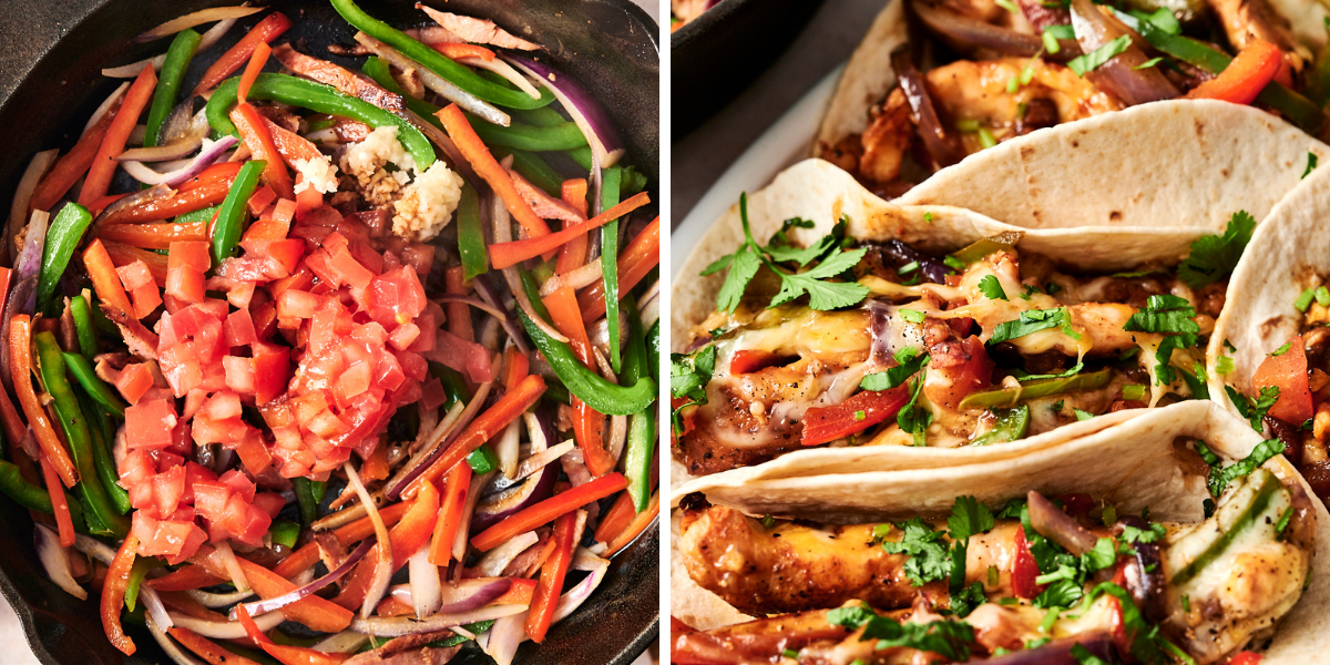 A skillet with sautéed vegetables and diced tomatoes on top, with a close-up of chicken alambre tacos topped with melted cheese, cilantro, and colorful vegetables.