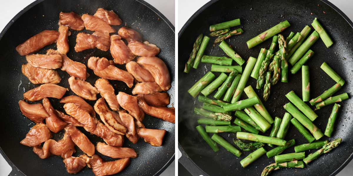 Two frying pans: one with sizzling pieces of browned chicken, the other with vibrant green asparagus sautéing.