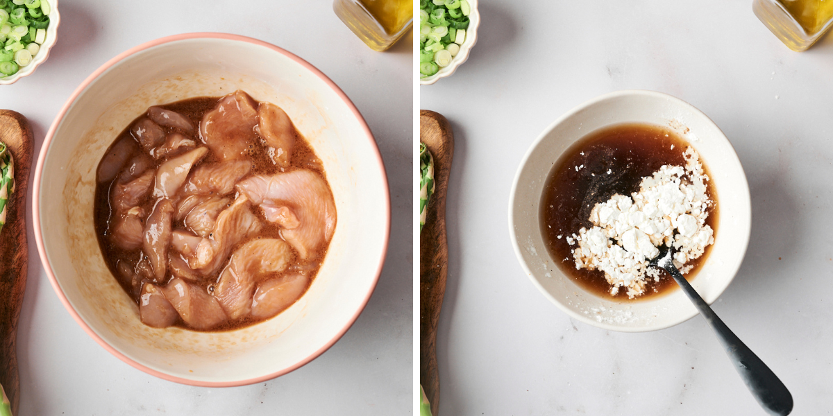 Two images: marinated chicken pieces in a bowl and a mixture of sauce with cornstarch in a dish, with green onions nearby.