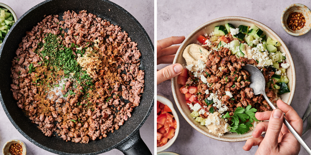 A skillet with seasoned minced meat, a bowl of protein and fresh vegetables with tablespoons.