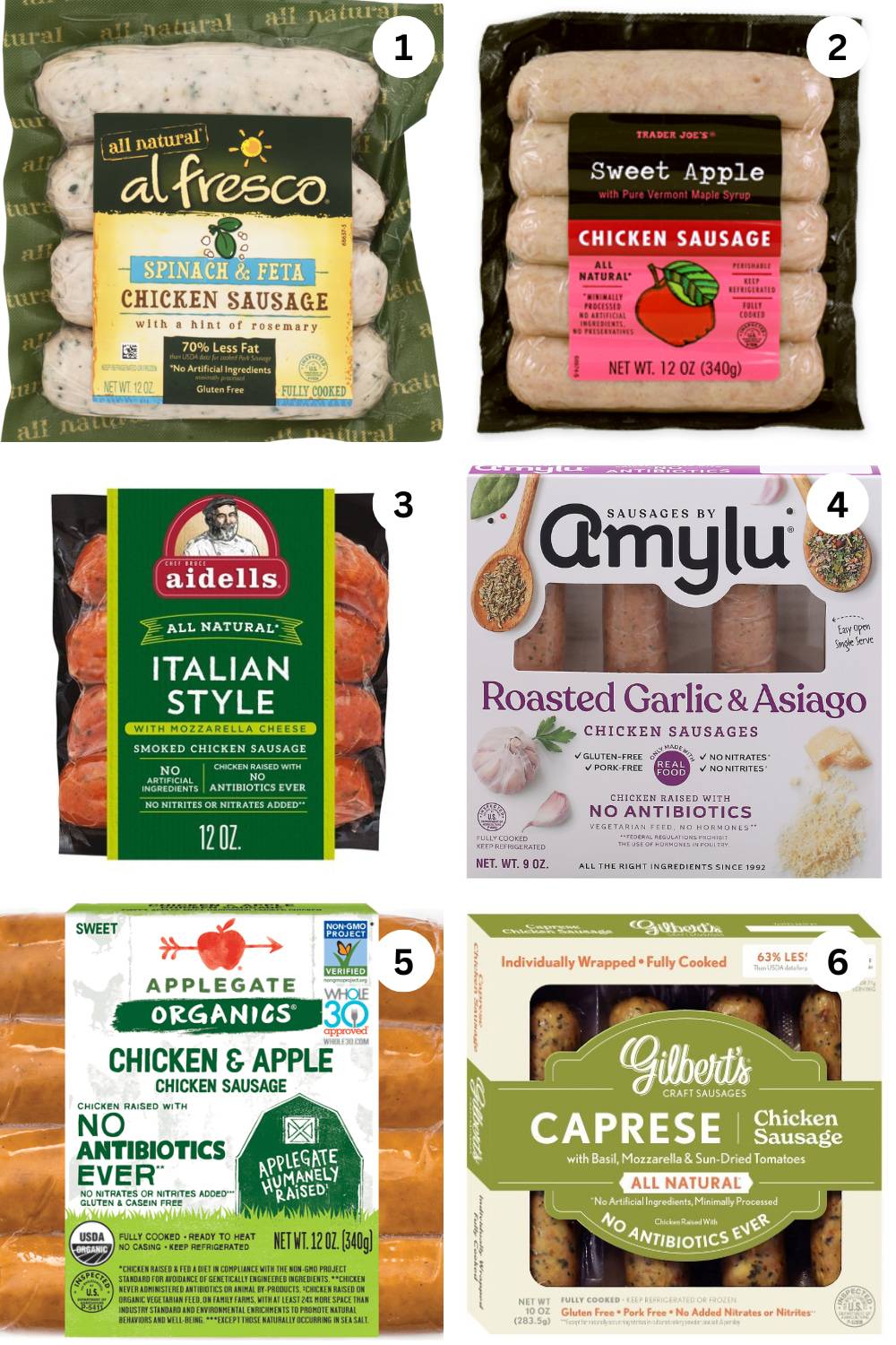 Chicken sausage brands including Al Fresco, Trader Joe