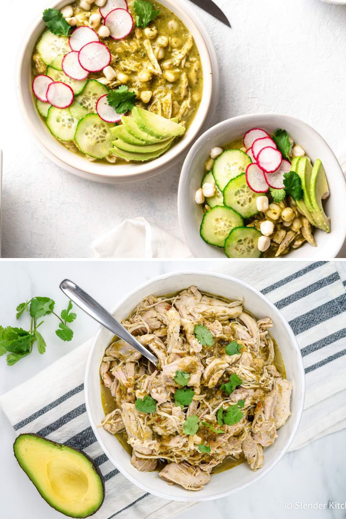 Collage with green chicken pozole and shredded green salsa chicken.