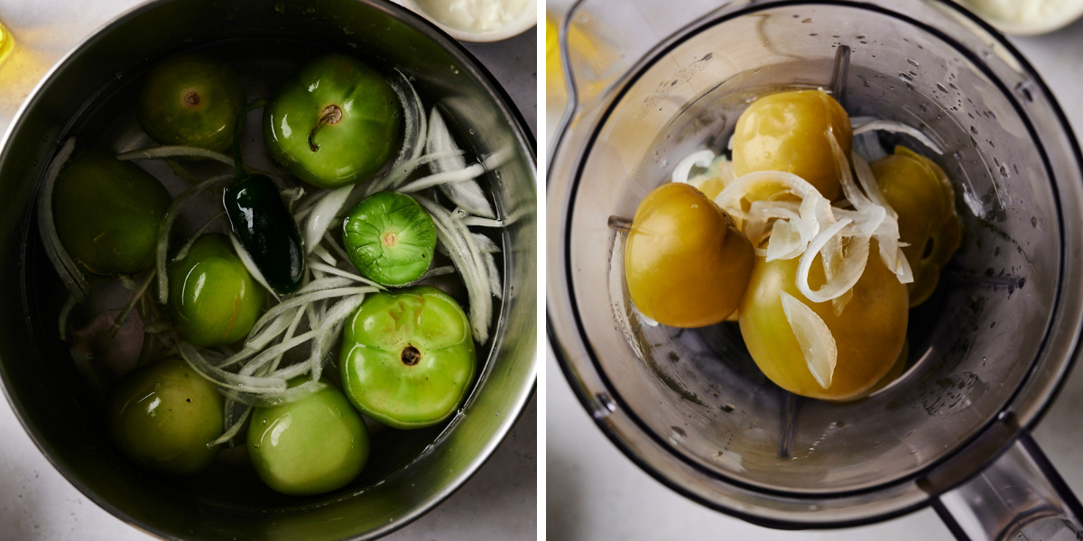 Tomatillos and onion in water, then blended in a blender.