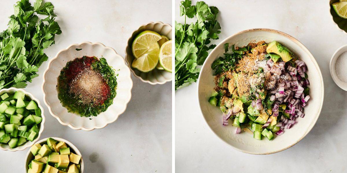 A side-by-side image showing a bowl of chili-lime seasoning mix with fresh ingredients on the left and a bowl of chopped avocado, cucumber, red onion, and cilantro mixed with spices on the right.