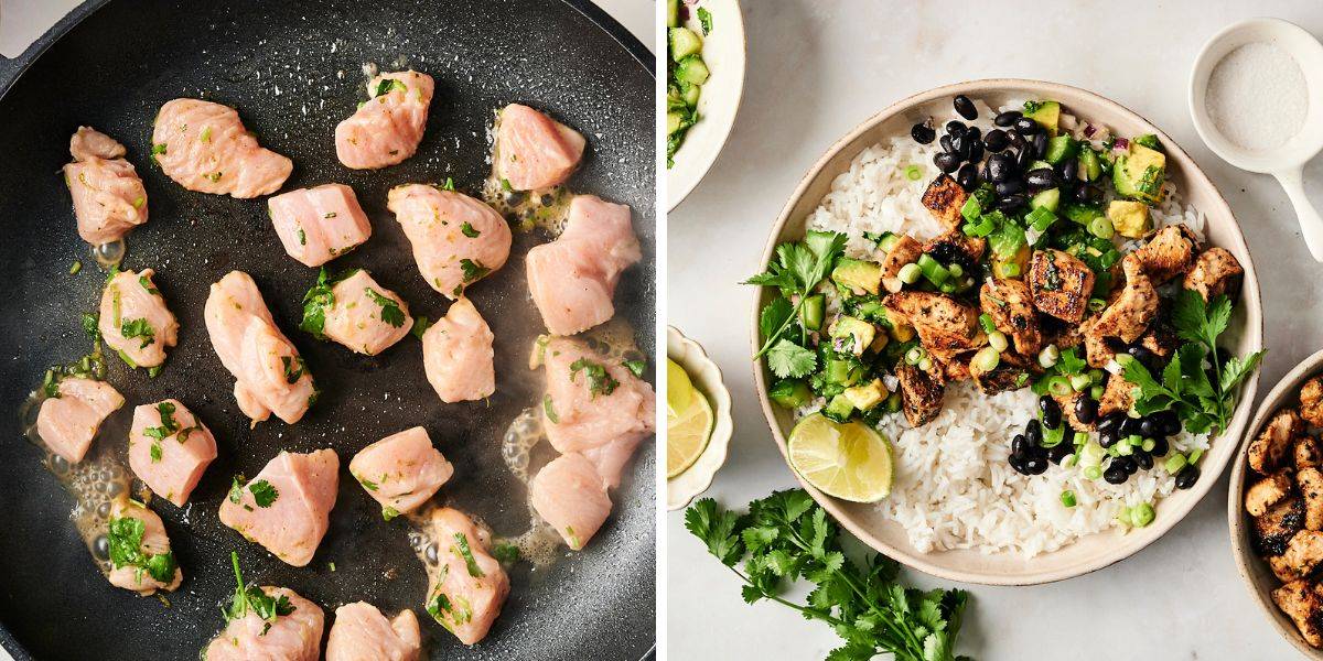 A side-by-side image showing raw chicken pieces cooking in a skillet on the left and a completed chili-lime chicken bowl with rice, black beans, avocado salsa, and fresh cilantro on the right.