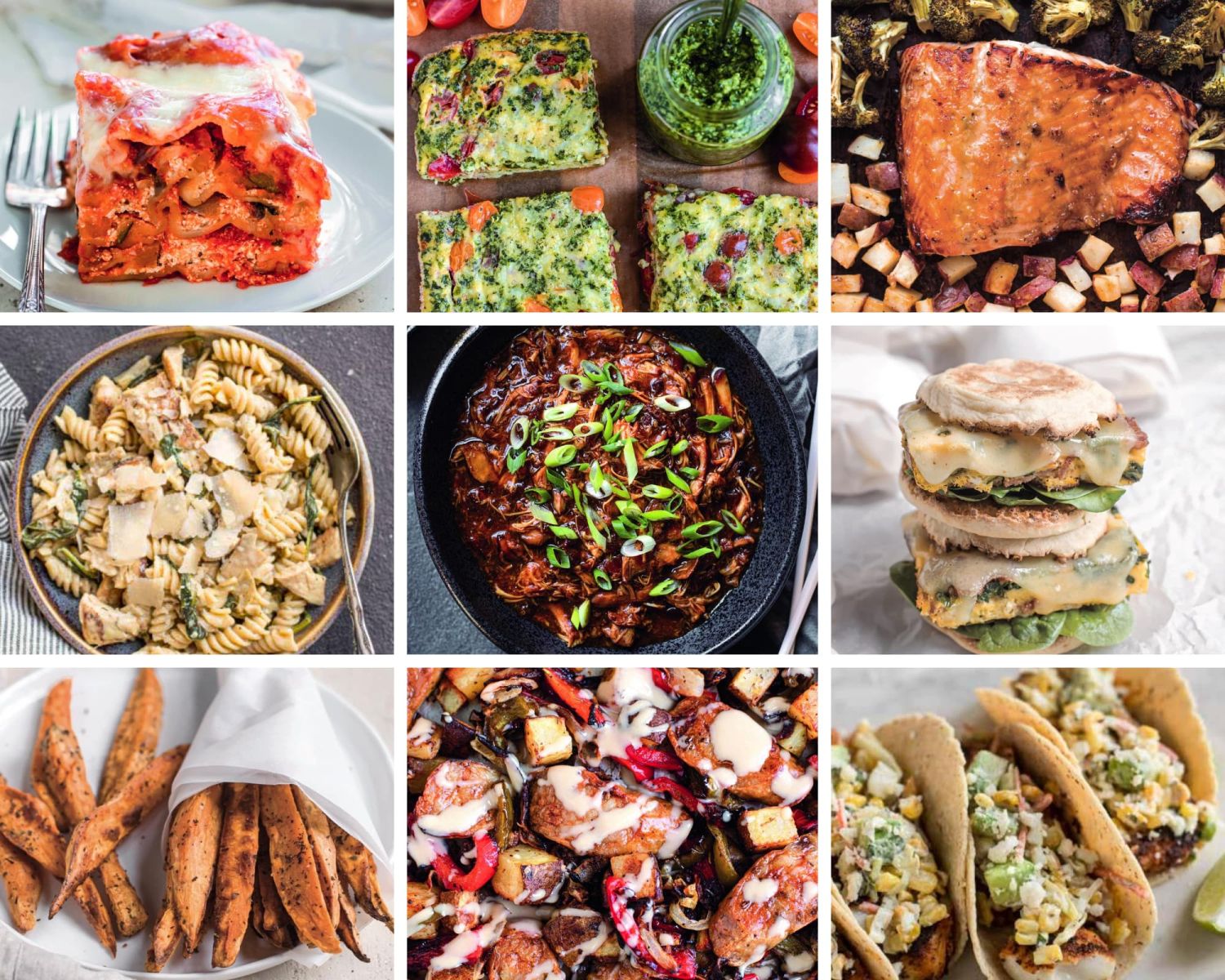 Cookbook preview photos including lasagna, egg sandwiches, pasta, and more.