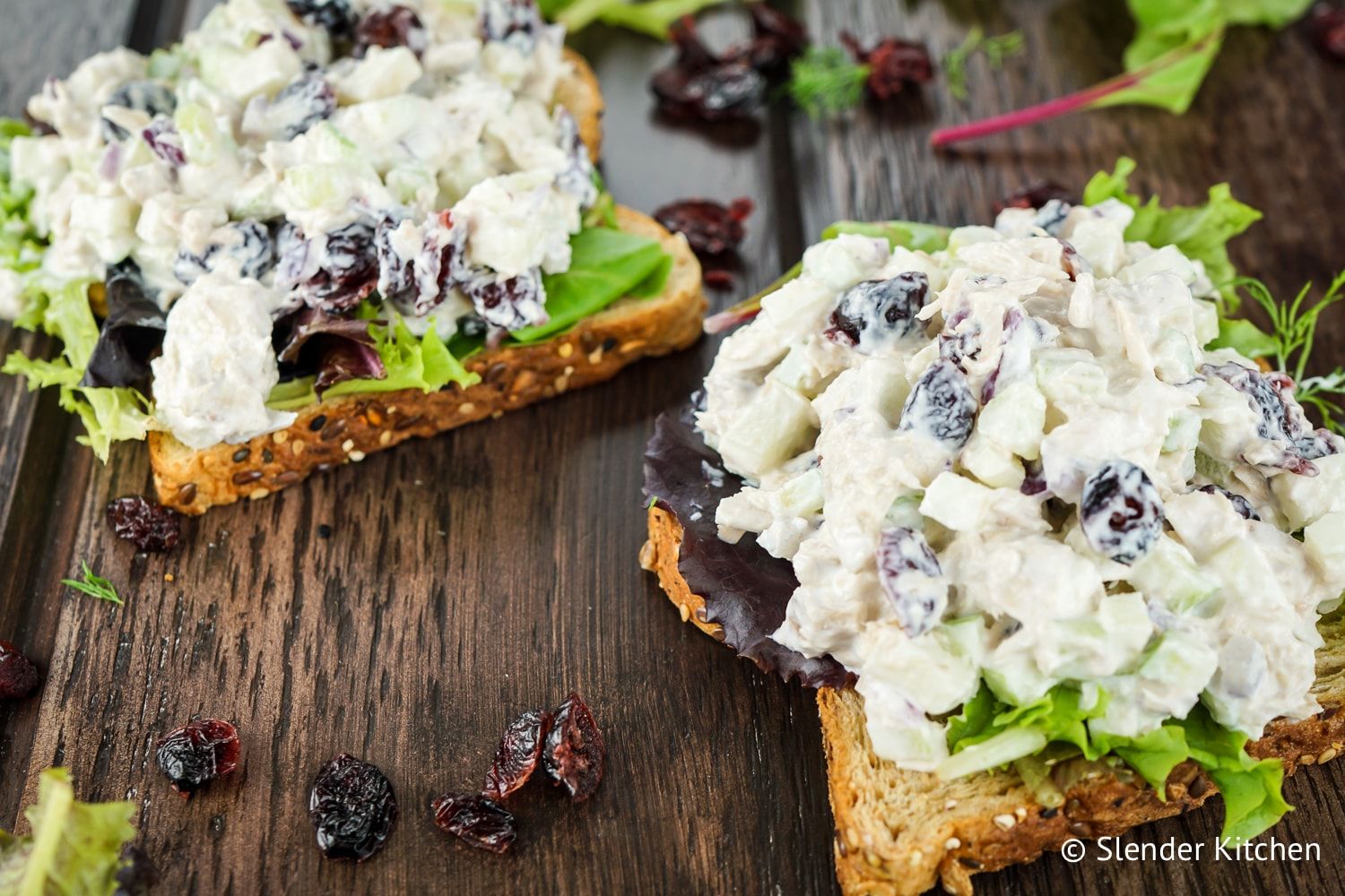 Tuna sandwich with cranberries, celery, and apples served on whole wheat bread with greens.