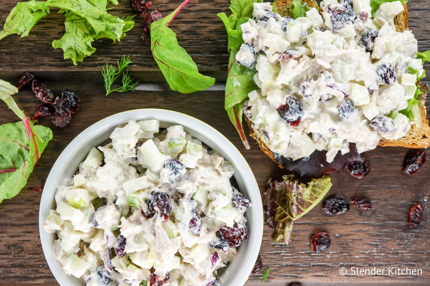 Tuna with cranberries, apples, and celery on whole wheat toast.