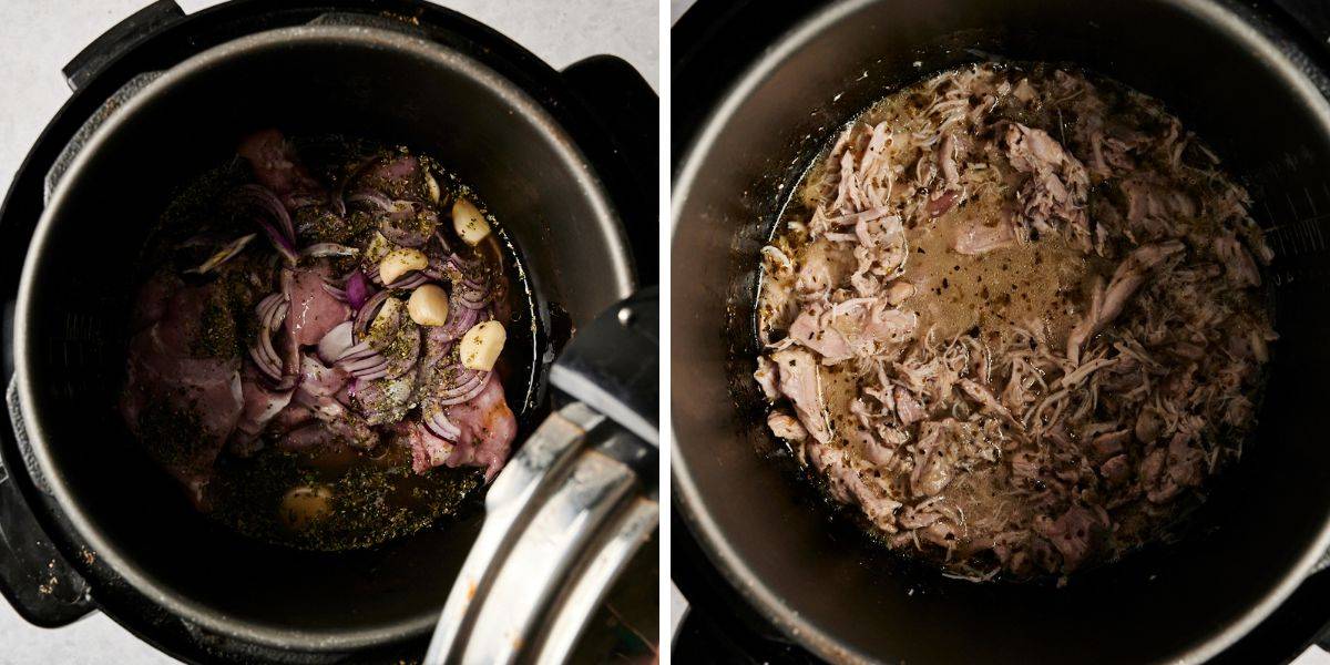 A side-by-side image of the cooking process for easy Greek chicken. On the left, raw chicken thighs, red onions, garlic, and seasonings are placed in an Instant Pot with broth. On the right, the cooked and shredded chicken is shown in flavorful juices, ready to be served.