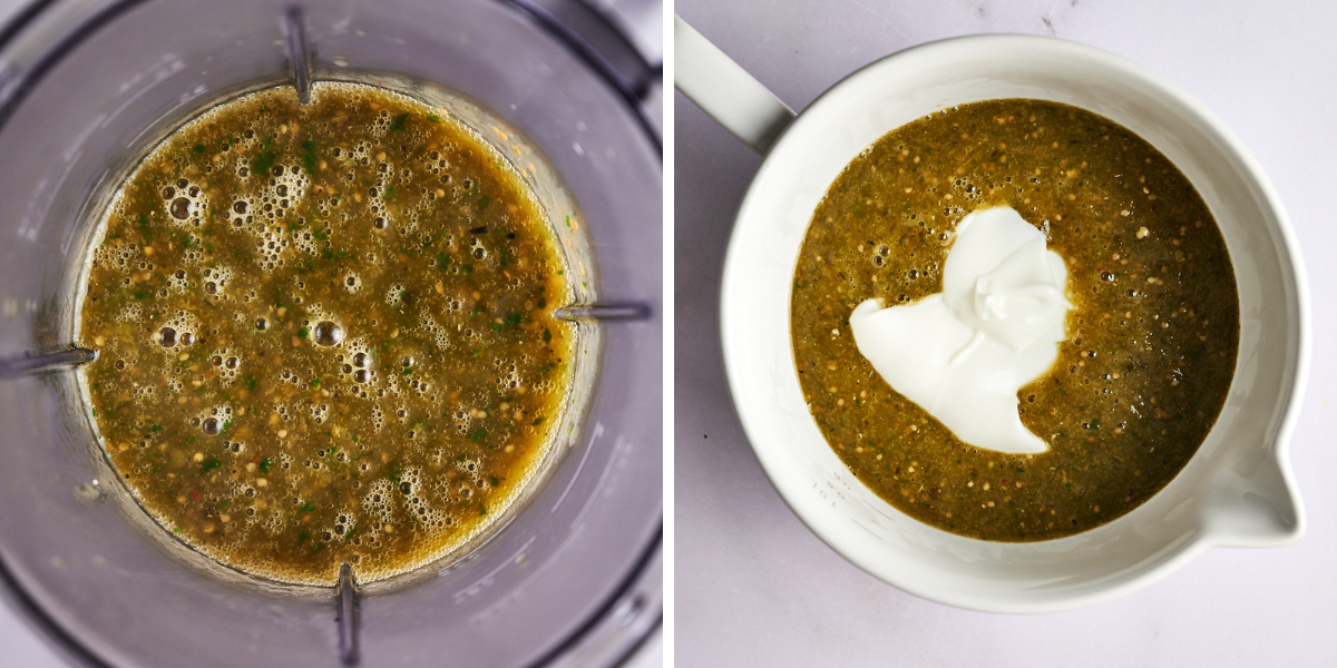 Top view of a blender filled with a bubbling green mixture and a bowl of the same mixture topped with a dollop of white cream.