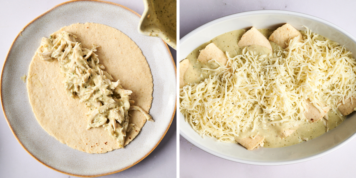 A plate with a tortilla filled with creamy shredded chicken, alongside a baking dish of layered tortillas, sauce, and cheese.