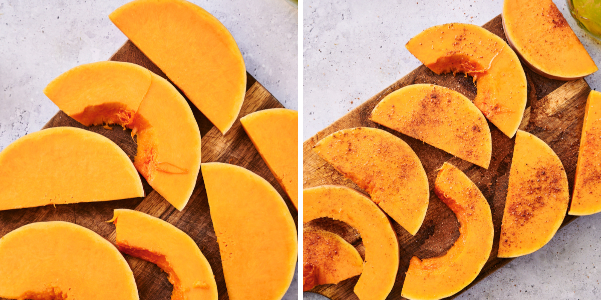 Two images of sliced butternut squash on a wooden board, one plain and the other sprinkled with seasoning.