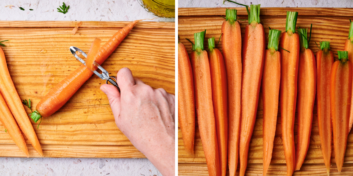 A hand peels a carrot on a wooden cutting board, alongside neatly arranged whole carrots, showcasing their vibrant orange color.