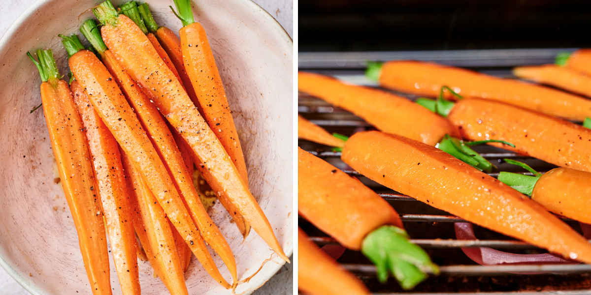 Fresh, vibrant orange carrots sprinkled with black pepper, displayed in a bowl and on a grill, showcasing their vibrant color and texture.