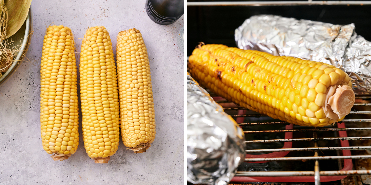 Three ears of corn on the left, with two grilled corn cobs on the right, wrapped in foil on a barbecue grill.
