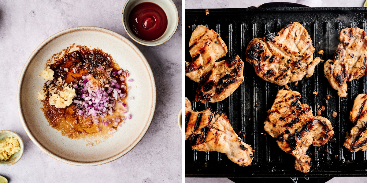 A plate of marinated ingredients with garlic and onion next to grilling chicken thighs, showcasing a delicious meal prep scene.