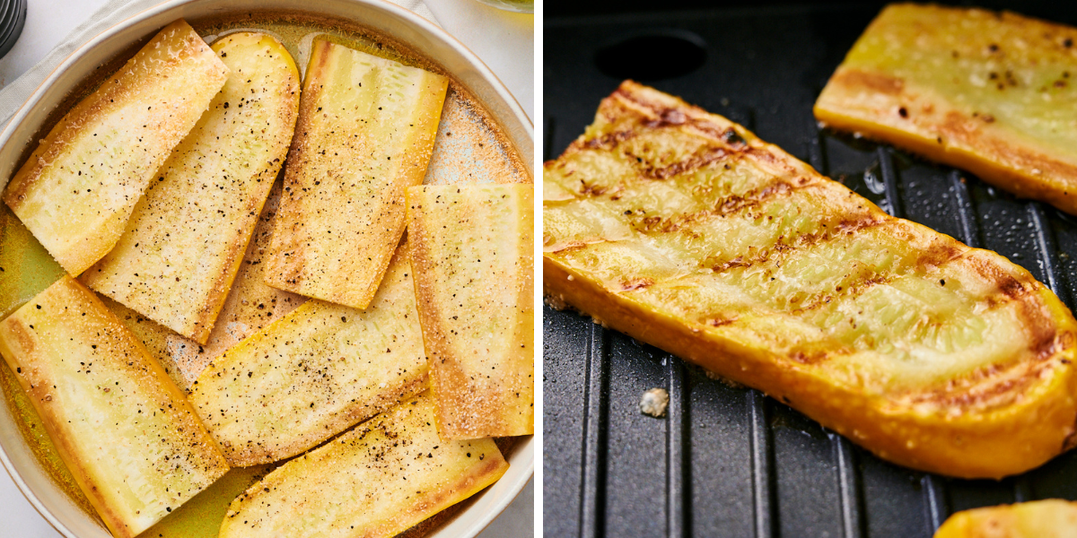 Two images show slices of grilled yellow squash, one arranged in a dish and the other on a grill, both seasoned with pepper.