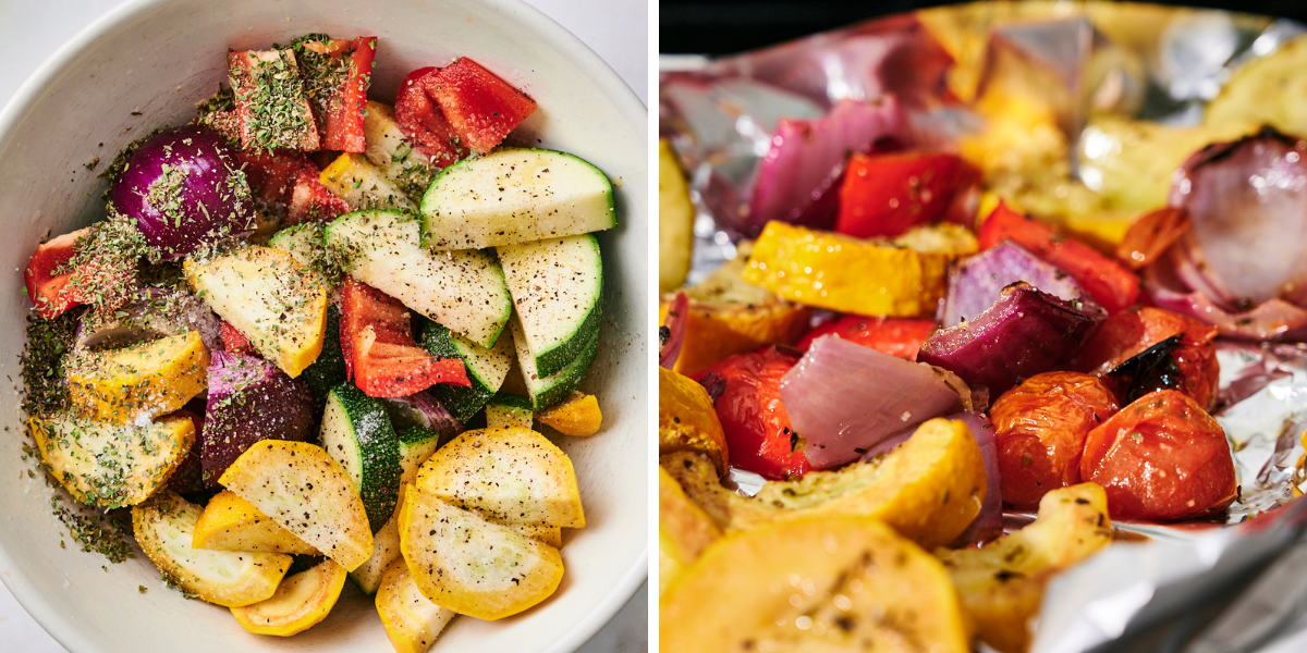 A bowl of mixed fresh vegetables, including zucchini, bell peppers, and yellow squash, seasoned with herbs, next to roasted veggies on foil.
