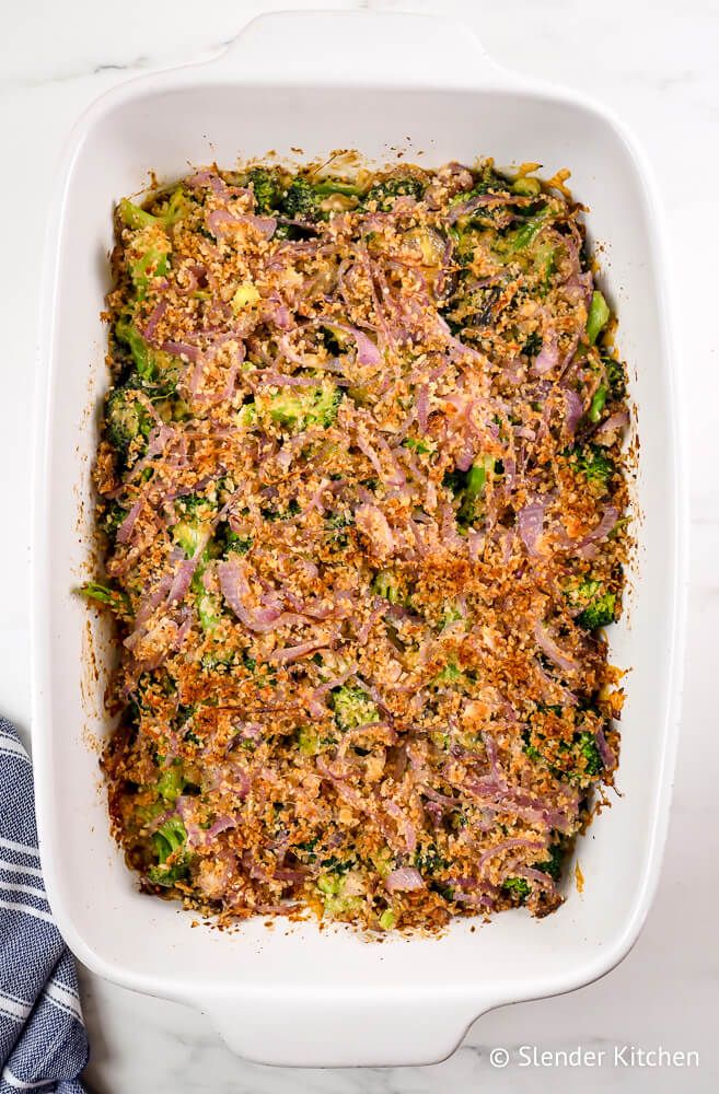 Healthier casserole with broccoli, mushrooms, cheddar cheese, and crispy onions.